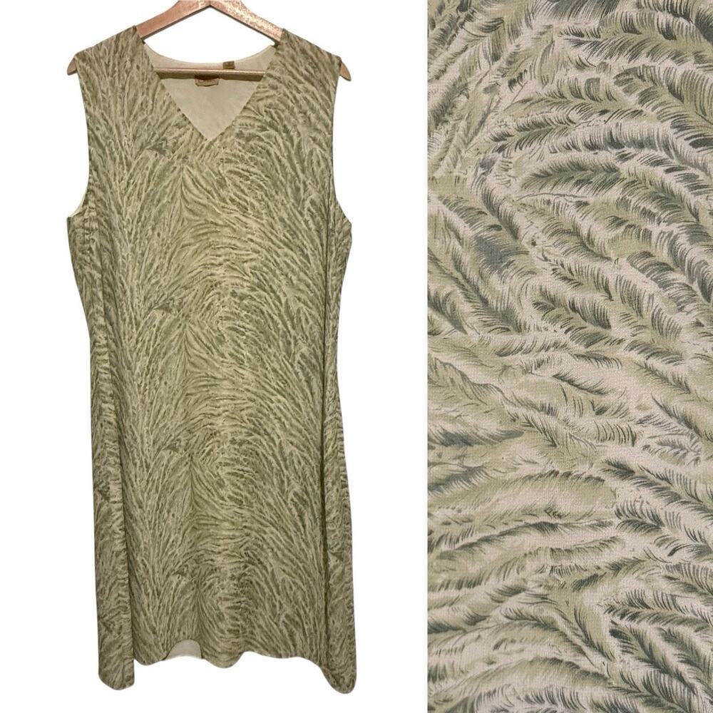 Caslon SILK Leafy Floral SIZE 16 Midi Dress Womens Sheath V Neck GREEN Lined Zip